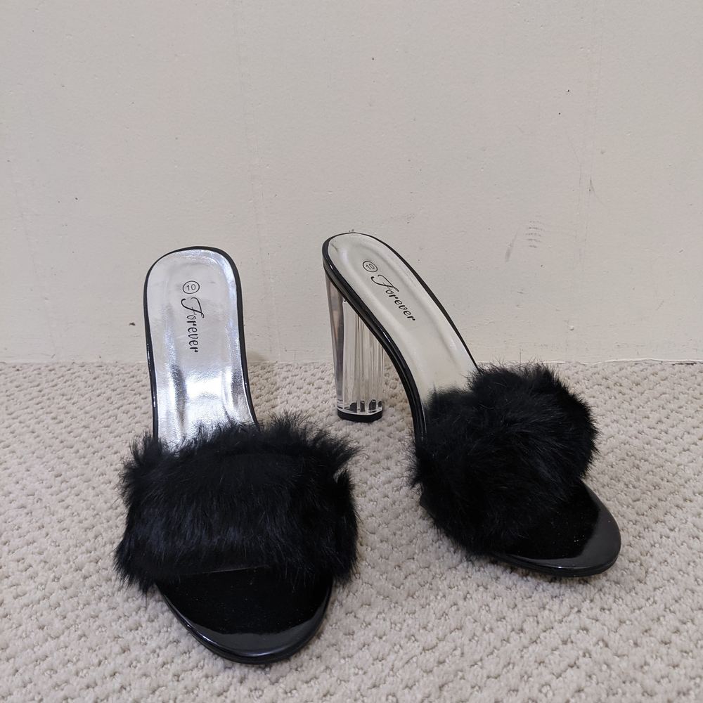 Forever Black Faux Fur High Heel Mules Size 10